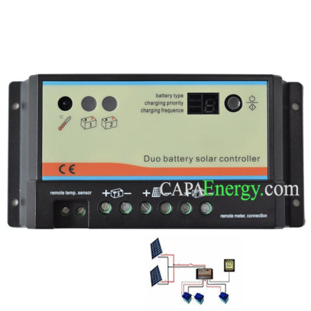 Regolatore di carica solare 10A o 20A DUO per 2 batterie indipendenti 12V / 24V